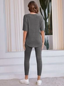 SHEIN LUNE Bộ 2 áo thun trơn cổ tròn trễ vai và quần legging thường ngày cho nữ - Màu xám đen - Xem 2