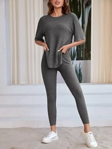 SHEIN LUNE Bộ 2 áo thun trơn cổ tròn trễ vai và quần legging thường ngày cho nữ - Màu xám đen - Xem 3