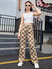 SHEIN Teen Girls Checker Print Jeans - Multicolor - View 6