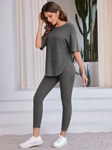 SHEIN LUNE Bộ 2 áo thun trơn cổ tròn trễ vai và quần legging thường ngày cho nữ - Màu xám đen - Xem 5