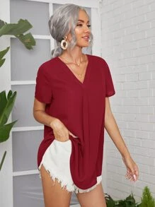 SHEIN LUNE V領弧形下擺素色上衣 - 酒紅色 - 查看 1