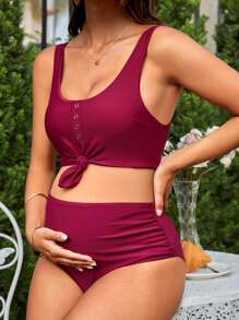 SHEIN Maternity Knot Hem Ruched High Waisted Bikini Set Summer Beach - Burgundy - View 1