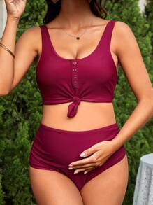 SHEIN Maternity Knot Hem Ruched High Waisted Bikini Set Summer Beach - Burgundy - View 3
