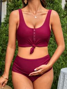 SHEIN Maternity Knot Hem Ruched High Waisted Bikini Set Summer Beach - Burgundy - View 5