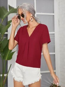 SHEIN LUNE V領弧形下擺素色上衣 - 酒紅色 - 查看 4