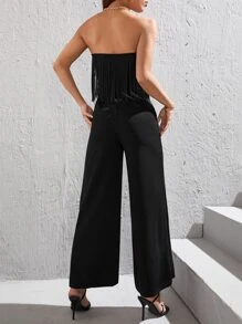 SHEIN PETITE Fringe Trim Tube Jumpsuit - Black - View 2
