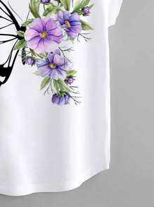 Mulvari Plus Floral & Butterfly Print Batwing Sleeve Curved Hem Tee - White - View 3