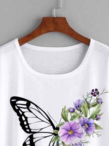 Mulvari Plus Floral & Butterfly Print Batwing Sleeve Curved Hem Tee - White - View 4
