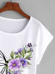 Mulvari Plus Floral & Butterfly Print Batwing Sleeve Curved Hem Tee - White - View 5