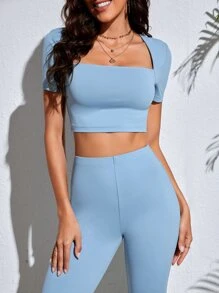 SHEIN Tall Square Neck Crop Tee & Split Hem Trousers - Baby Blue - View 5