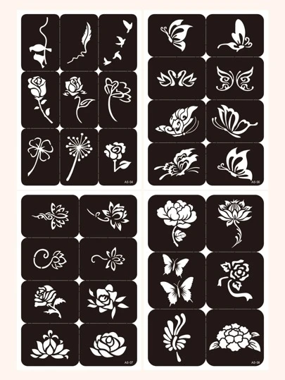 4pcs/pack Flower & Butterfly Pattern Hollow Out Tattoo Stencil Template