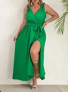 SHEIN VCAY Đầm Plus Size Thắt lưng Trọn gói Tách cao màu trơn Giải trí - màu xanh lá - Xem 1