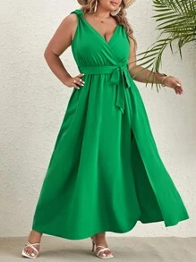 SHEIN VCAY Đầm Plus Size Thắt lưng Trọn gói Tách cao màu trơn Giải trí - màu xanh lá - Xem 5