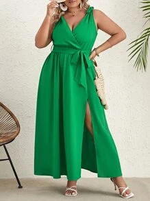 SHEIN VCAY Đầm Plus Size Thắt lưng Trọn gói Tách cao màu trơn Giải trí - màu xanh lá - Xem 6