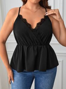 SHEIN Privé Áo hai dây Plus Size Tương phản ren Viên lá sen Trọn gói màu trơn Giải trí - màu đen - Xem 1