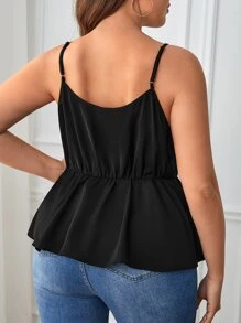 SHEIN Privé Áo hai dây Plus Size Tương phản ren Viên lá sen Trọn gói màu trơn Giải trí - màu đen - Xem 5
