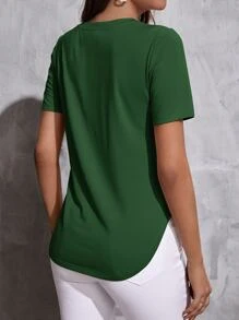 SHEIN LUNE Button Detail Curved Hem Tee - Dark Green - View 2