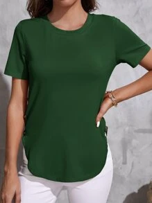 SHEIN LUNE Button Detail Curved Hem Tee - Dark Green - View 5