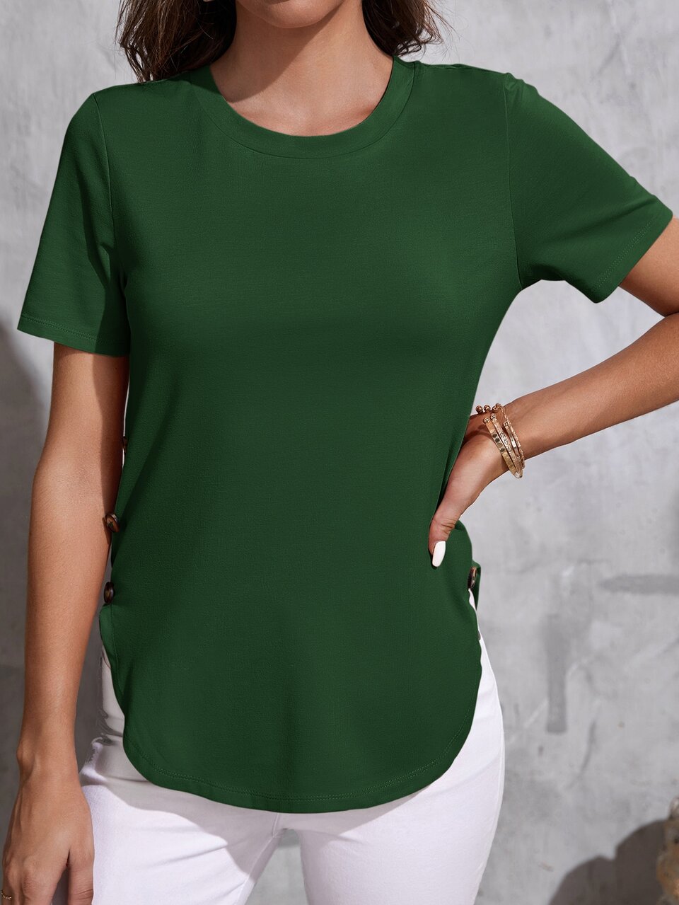 Button Detail Curved Hem Tee