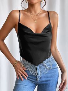 SHEIN Privé Draped Collar Fringe Hem Cami Top - Black - View 1
