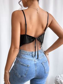 SHEIN Privé Draped Collar Fringe Hem Cami Top - Black - View 3