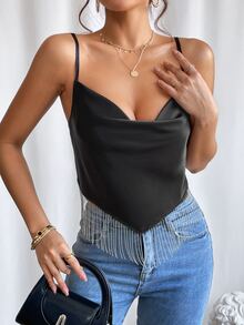 SHEIN Privé Draped Collar Fringe Hem Cami Top - Black - View 4