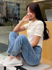 DAZY 純色圓領t恤 - 米色 - 查看 5