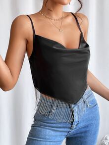 SHEIN Privé Draped Collar Fringe Hem Cami Top - Black - View 2