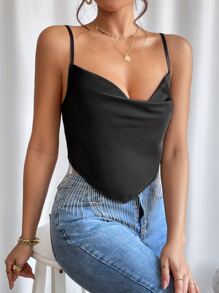 SHEIN Privé Draped Collar Fringe Hem Cami Top - Black - View 5