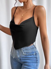 SHEIN Privé Draped Collar Fringe Hem Cami Top - Black - View 6