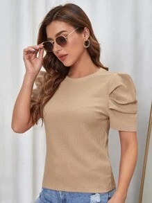 SHEIN Clasi Camiseta unicolor de manga farol - Caqui - Ver 3