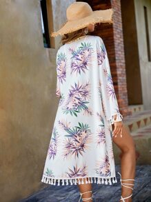 Swim Vcay Kimono con estampado tropical ribete con fleco - Multicolor - Ver 2