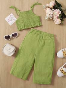 SHEIN Đứa bé gái Cà vạt vai Cami ngọn & Quần ống rộng - Màu xanh chanh - Xem 1