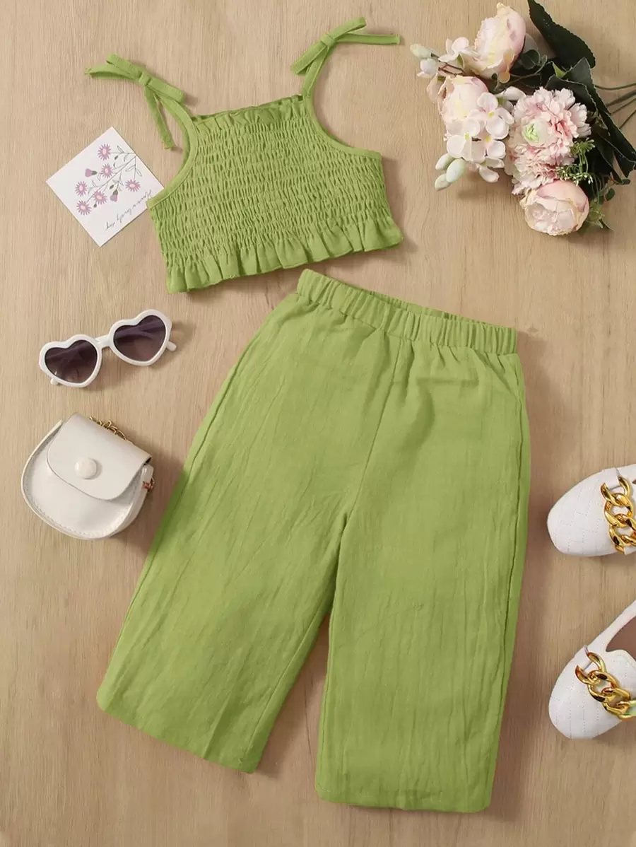 SHEIN Đứa bé gái Cà vạt vai Cami ngọn & Quần ống rộng - Màu xanh chanh - Xem 1