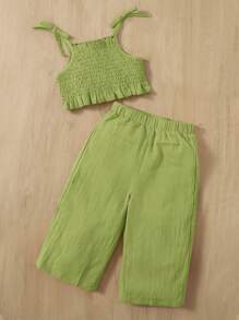 SHEIN Đứa bé gái Cà vạt vai Cami ngọn & Quần ống rộng - Màu xanh chanh - Xem 2