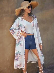 Swim Vcay Kimono con estampado tropical ribete con fleco - Multicolor - Ver 5