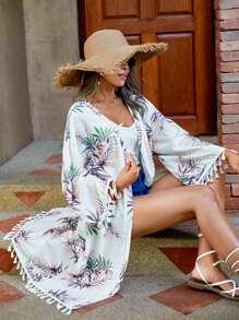 Swim Vcay Kimono con estampado tropical ribete con fleco - Multicolor - Ver 6