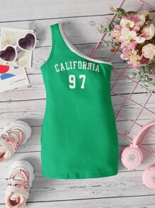 SHEIN Baby Letter Graphic Contrast Binding One Shoulder Dress - Green - View 1