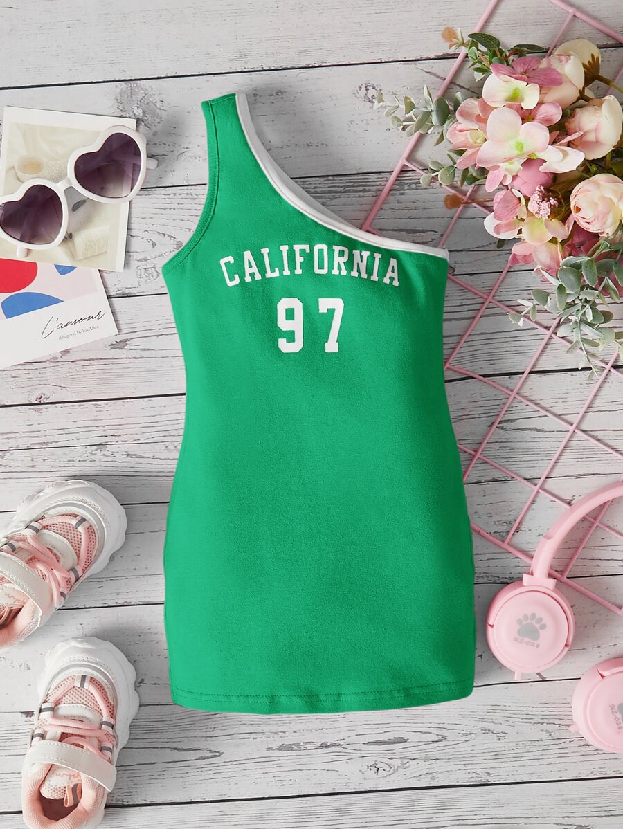 SHEIN Baby Letter Graphic Contrast Binding One Shoulder Dress - Green - View 1