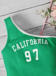 SHEIN Baby Letter Graphic Contrast Binding One Shoulder Dress - Green - View 3