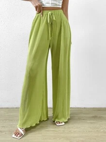 SHEIN Essnce 素色前打結闊腿褲 - 青檸色 - 查看 2