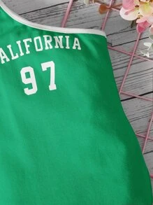 SHEIN Baby Letter Graphic Contrast Binding One Shoulder Dress - Green - View 4