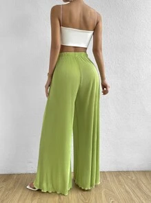 SHEIN Essnce 素色前打結闊腿褲 - 青檸色 - 查看 5