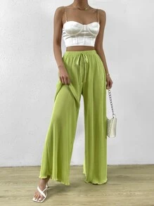 SHEIN Essnce 素色前打結闊腿褲 - 青檸色 - 查看 4