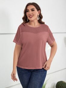 SHEIN LUNE 大碼蕾絲拼接素色T恤 - 藕粉色 - 查看 4