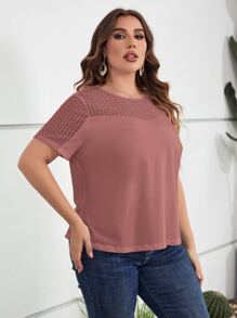 SHEIN LUNE 大碼蕾絲拼接素色T恤 - 藕粉色 - 查看 5