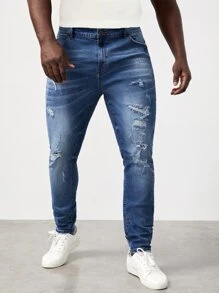 GENTILAND Men Plus Cotton Slant Pocket Ripped Jeans - Medium Wash - View 1