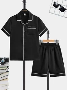 SHEIN Boys Letter Patched Contrast Piping PJ Set - Black - View 1