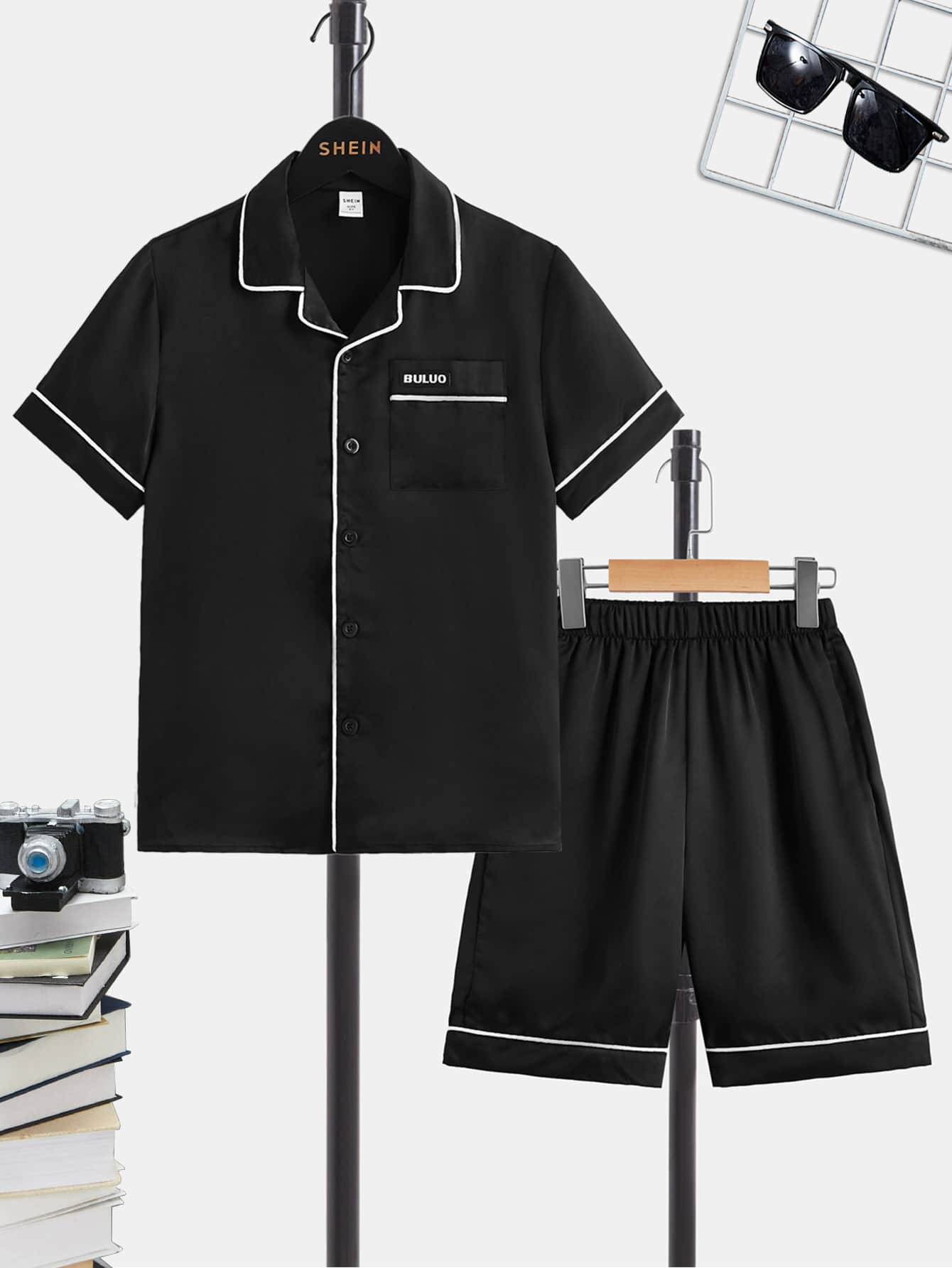 SHEIN Boys Letter Patched Contrast Piping PJ Set - Black - View 1