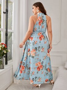 SHEIN VCAY 大碼印花高衩腰帶掛脖連衣裙 - 彩色 - 查看 4